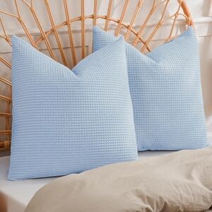 Set Of 2 Sky Blue Waffle Textured Euro Pillow Covers Size 26 X 26